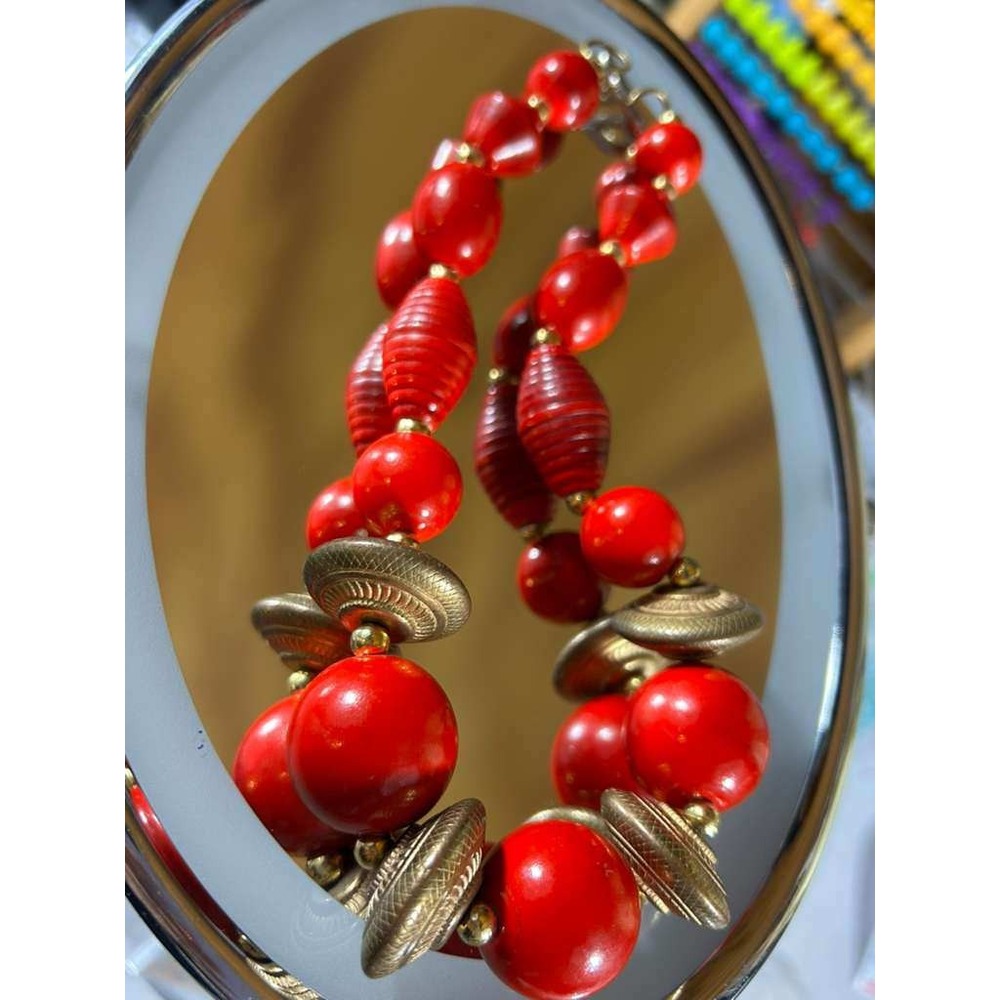 Vintage Red‎ Bead Necklace Chunky Brass Spacers Boho Ethnic Statement Choker 16"